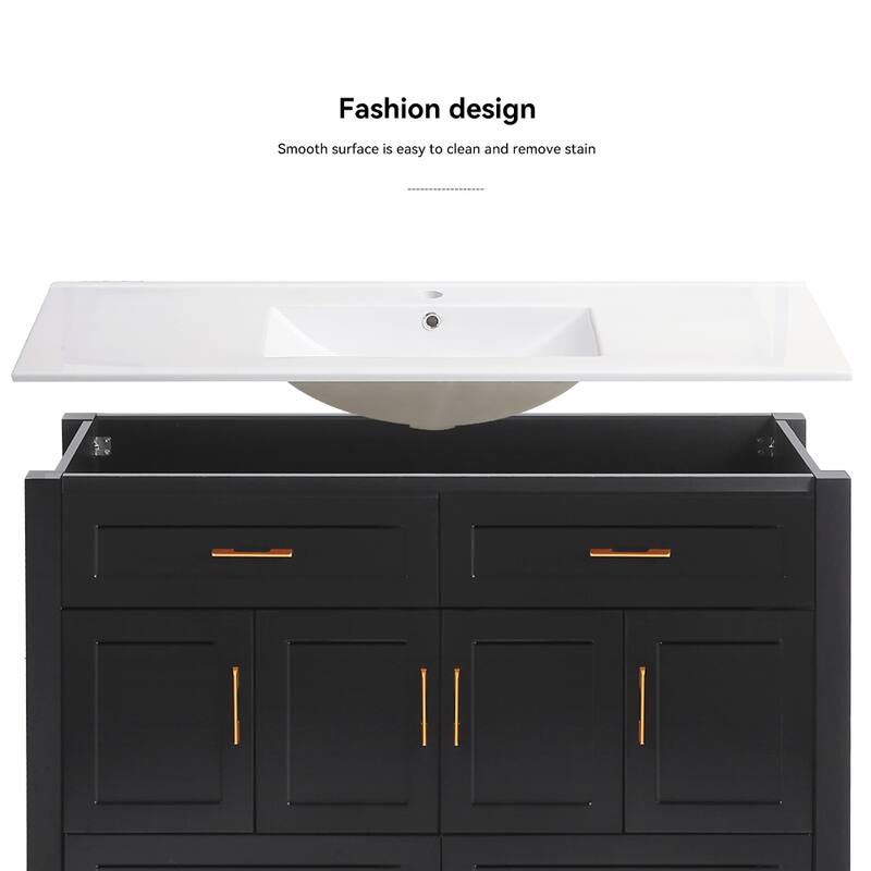 48 Inch Bathroom Vanity with Ceramic Sink Combo, MDF Freestanding Vanity Cabinet with 4 Soft Close Doors and 4 Drawers