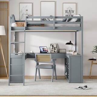 Full Size Loft Bed with U-shaped Desk, Wooden Bed with Storage Compartments, Kid's Bed with Tri-fold Mirror, Grey