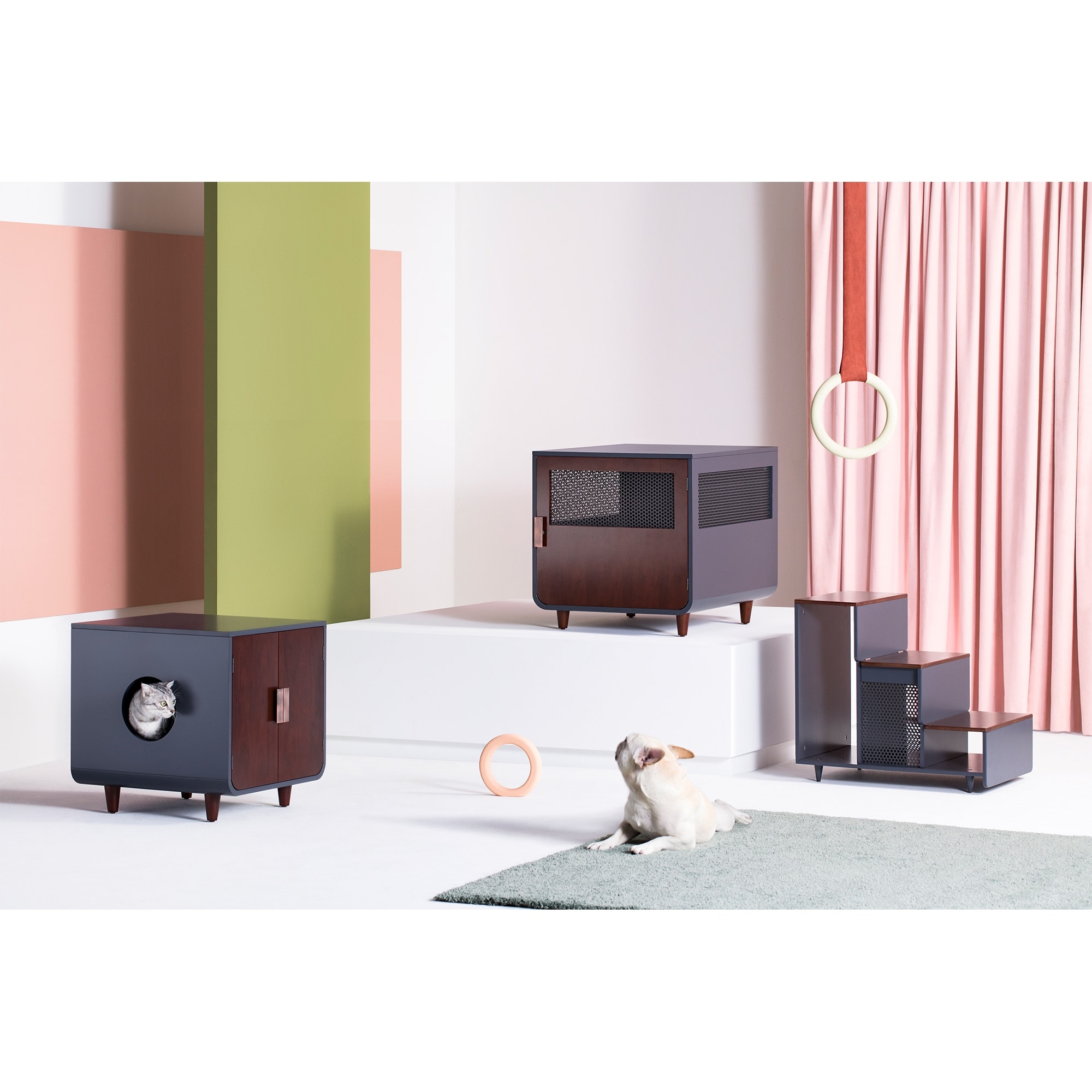 Staart Dyad Mid Century Wooden Cat Litter Box Cabinet and Side Table Mocha Walnut