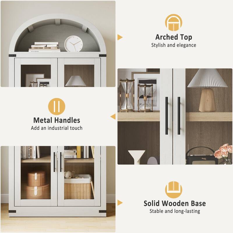 71" Tall Arched Bookshelf - Wooden Bookcase Storage Cabinet Rounded Display Storage Shelves Cabinet