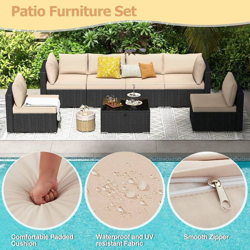 EROMMY 6/7 Piece Modular Outdoor Rattan Sofa Set, All-Weather Wicker Patio Furniture with Storage Table, Cushions & Pillows