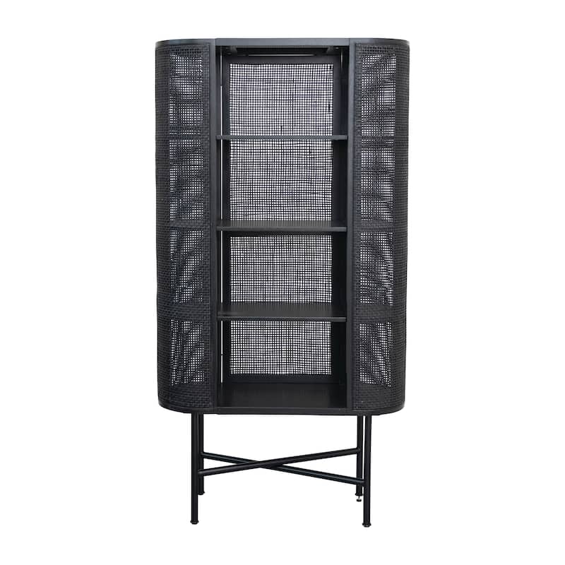 Wood and Woven Cane Cabinet with 3 Shelves - 35.4"L x 13.8"W x 66.9"H - 35.4"L x 13.8"W x 66.9"H - Black