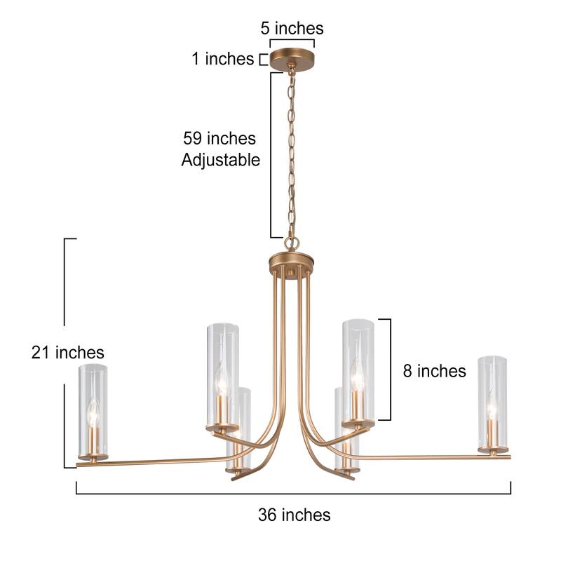 Mid-century Modern Gold 6-Light 36inch Wide Candle Glass Chandelier for Dining Room