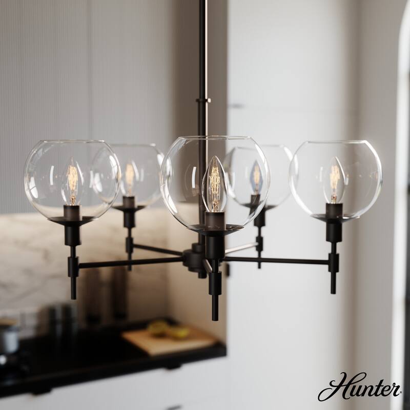 Hunter Xidane Metal and Glass Orb Chandelier - Entry, Kitchen or Dining Room Table, Bedroom - Mid-Century Modern, Transitional - 5- Light - Matte Black