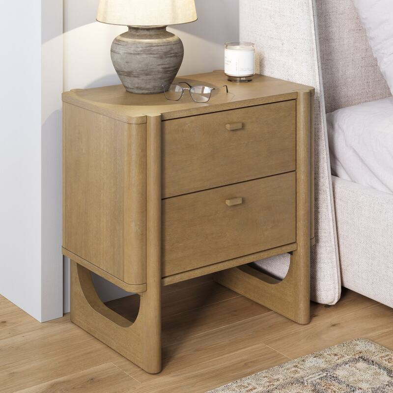 Solace Mid Century Modern 2-Drawer Nightstand with Solid Wood Frame and Rounded Details - Light Brown - Single