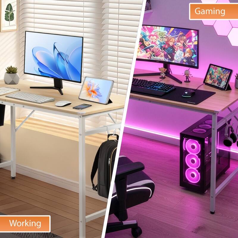 47.2” Computer Desk for Home Office - Study Writing Desk with Storage, Side Hooks & Adjustable Feet