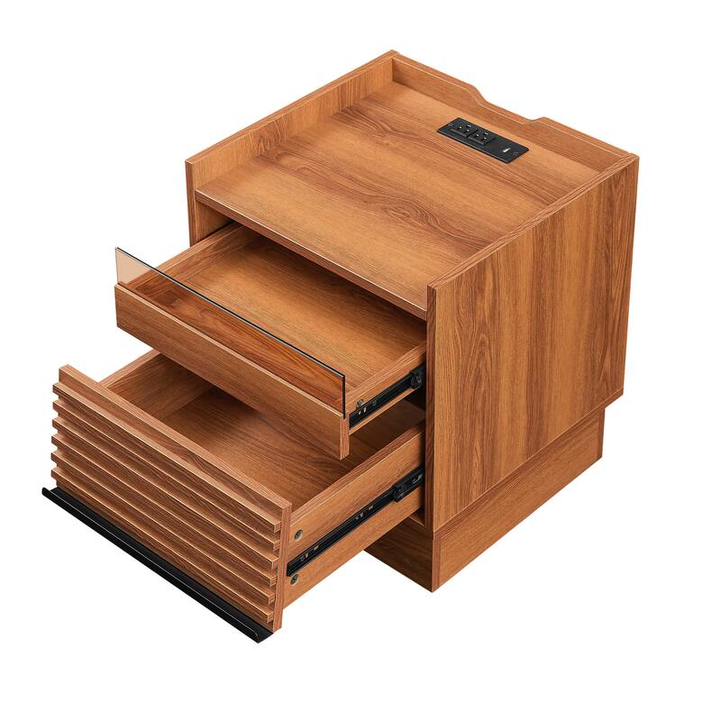 Mid-Century Modern 2-Drawer Nightstand with Charging Station & LED Lights - Bedside/End Table (Yellow)