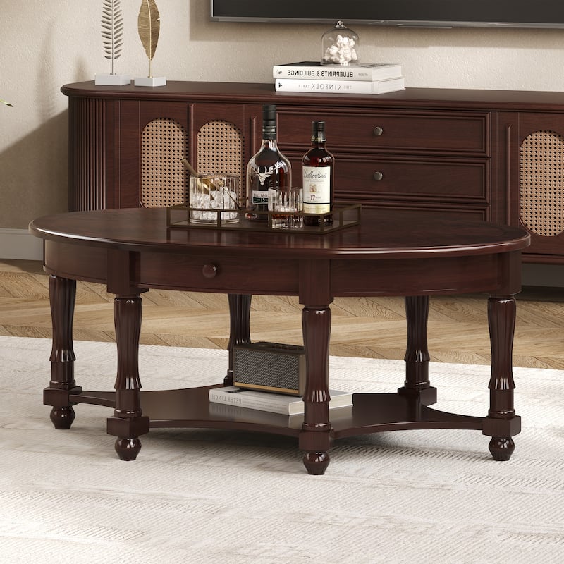 French Country Style Coffee Table Vintage Oval Coffee Table with Drawers and Storage Shelves, for Living Room