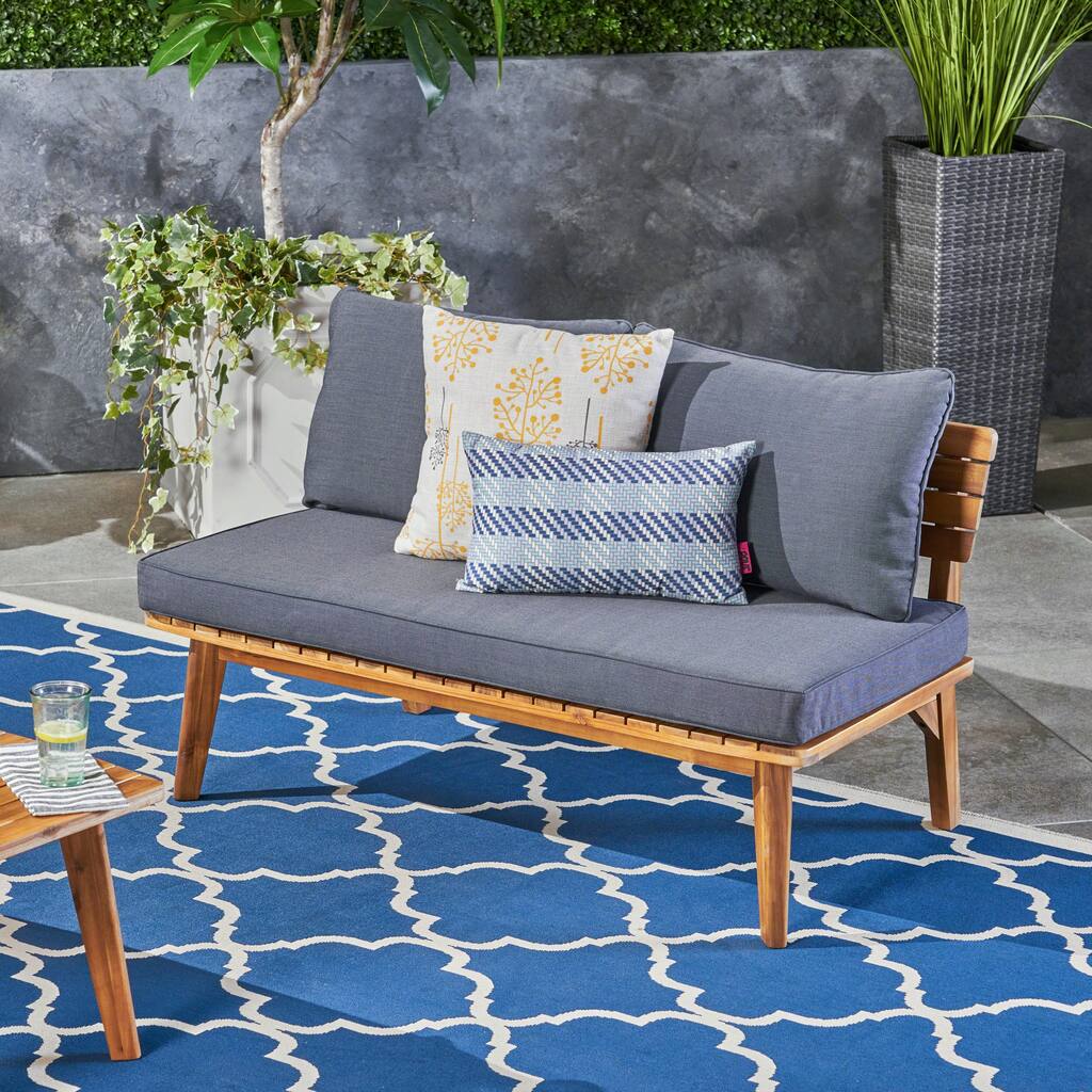 Roomfitters Outdoor Loveseat with Acacia Wood Frame and Navy Cushions, Patio 2-Seat Sofa, Grey