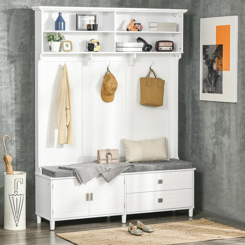 Featured Entryway Hall Tree, Mudroom Upholstered Seat with Cabinet and Drawers, Living Room Coat Rack Bench with Open Shelves