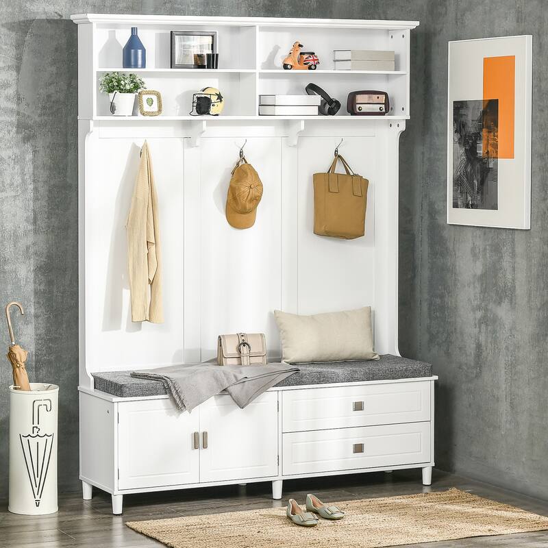 Featured Entryway Hall Tree, Mudroom Upholstered Seat with Cabinet and Drawers, Living Room Coat Rack Bench with Open Shelves - White