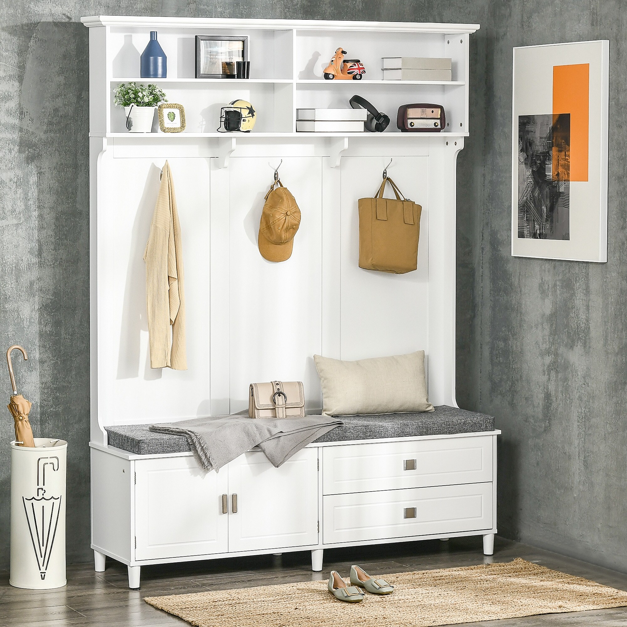 Hall tree deals with storage cubbies