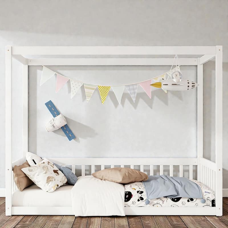 Twin Size Wooden Canopy Floor Bed with Guardrails and Fence, Low Profile Kids Bed Frame, No Box Spring Needed - White - Twin