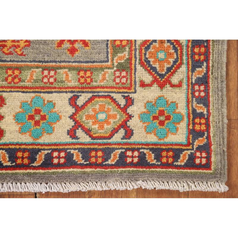 Geometric Kazak Foyer Rug Handmade Grey Wool Carpet - 2'8" x 4'0"