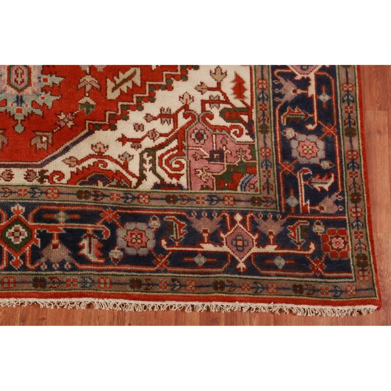 Hand Knotted Oriental 100% Wool Carpet Traditional Medallion Oranges & Rust Heriz (serapi) Area Rug - 9' 10'' X 8' 0''