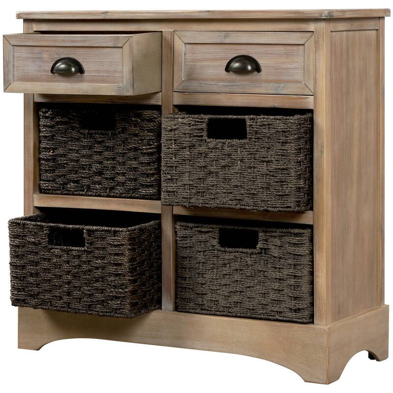 Rustic Storage Cabinet with Two Drawers and Four Classic Rattan Basket