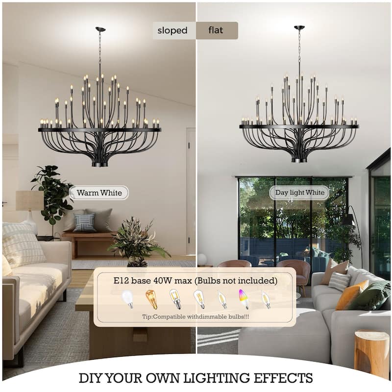 Rustic Industrial Farmhouse Chandelier - 48/96-Light Adjustable Black Candle Pendant Light for High Ceilings, Dining Room