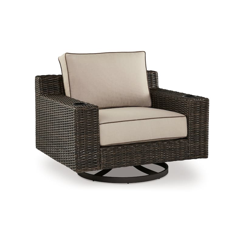 Waga 43 Inch Outdoor Swivel Lounge Chair, Cupholder, Brown Wicker, Beige