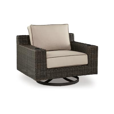 Waga 43 Inch Outdoor Swivel Lounge Chair, Cupholder, Brown Wicker, Beige