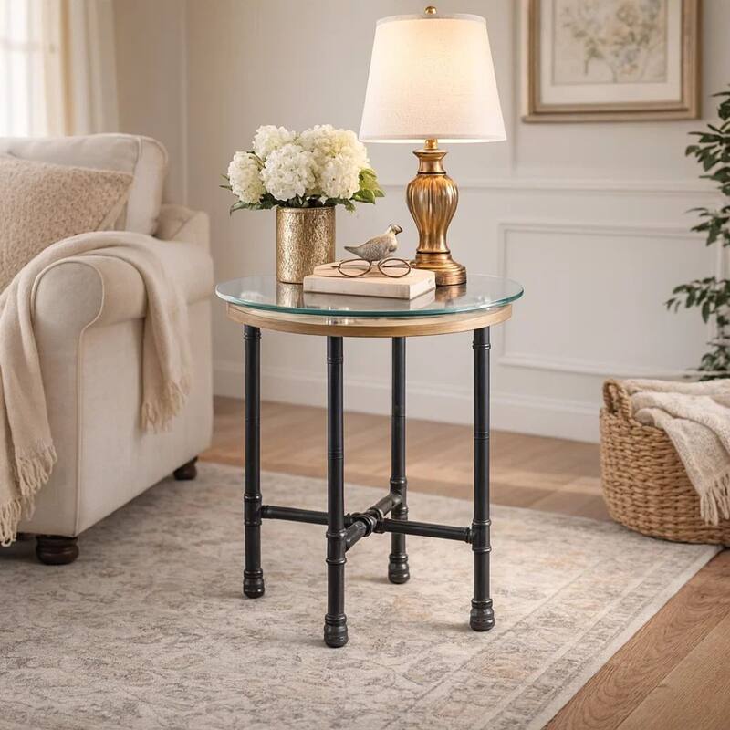 End Table with Round Glass Top and Metal Pipe Style Legs, Gray