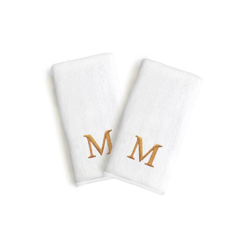 Authentic Hotel and Spa 2-piece White Turkish Cotton Hand Towels with Gold Block Monogrammed Initial - White/M