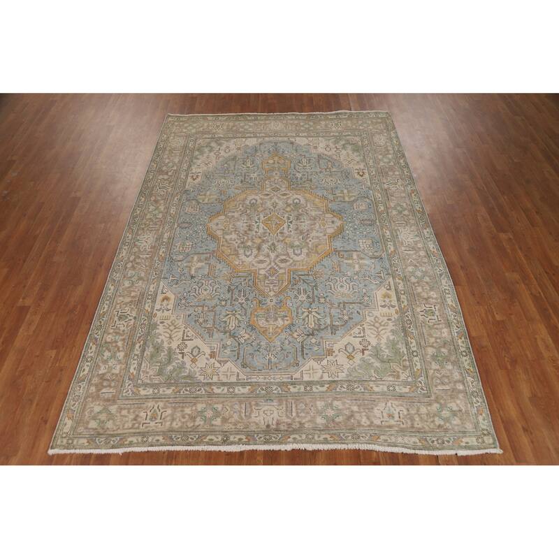 Geometric Blue Tabriz Persian Area Rug Handmade Blue Wool Carpet - 6'7"x 9'8"