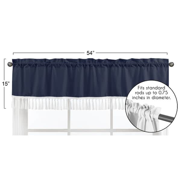 Navy Boho Bohemian Window Curtain Valance - Solid Color Blue and White Farmhouse Chic Minimalist Tassel Fringe Macrame