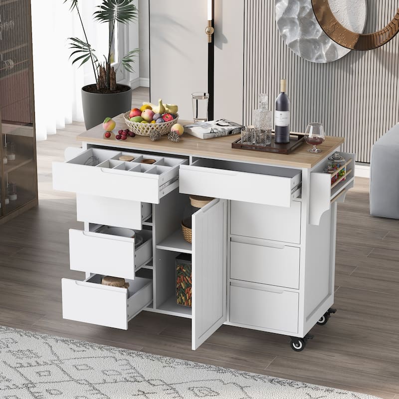 Kitchen Island Cart with Rubber Wood Top and Locking Wheels - White