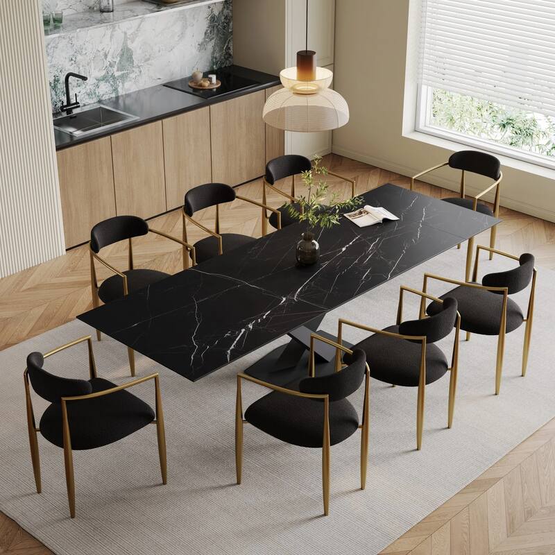 9 - Piece 94.48'' Modern Minimalist Extendable Sintered Stone Top Dining Set with 8 Fabric Chairs - Andes Black Top/Black&Glod chair