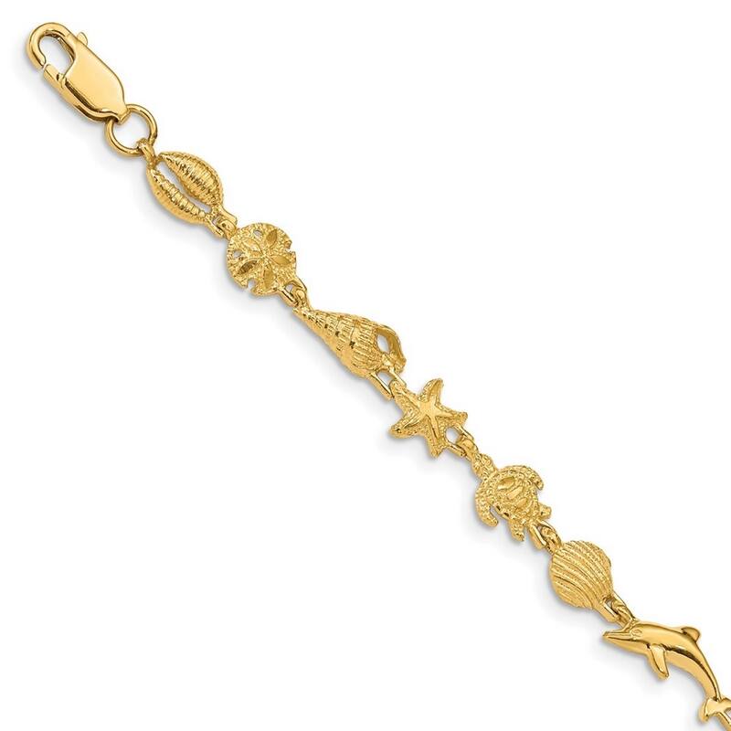 Curata 14k Yellow Gold Open back Lobster Claw Closure Polished and Textured Sealife Bracelet 7.25 Inch