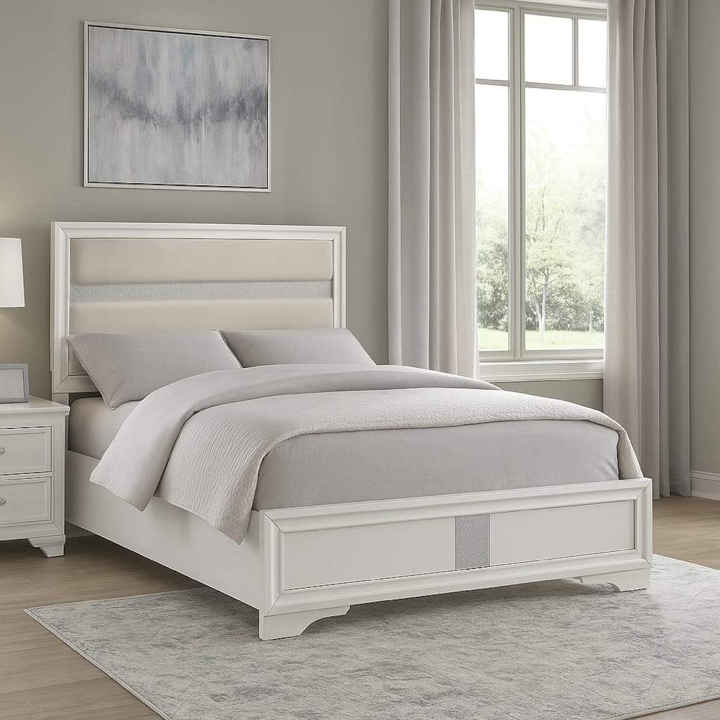 Vino Full Size Bed, Panel Headboard, White Upholstery, Glitter Stripes