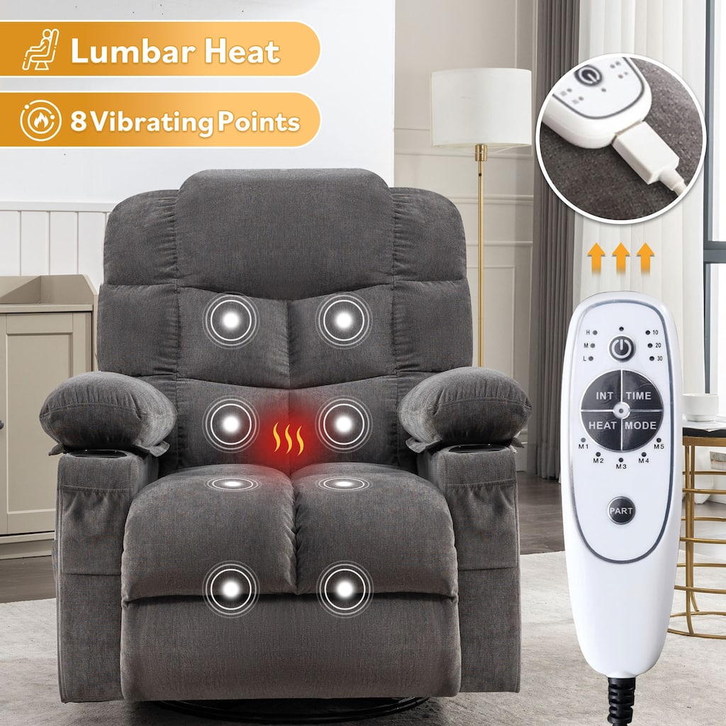 Swivel Massage Recliner Chair with Lumbar Heating, Oversized Lounge Sofa with Cup Holders, USB Port & 2 Side Pockets