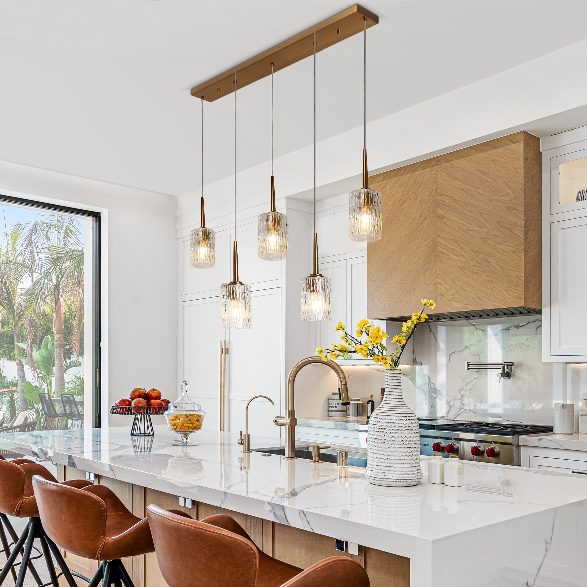 Laxow Modern 5-Light Gold Linear Chandelier Textured Glass Kitchen Island Light - W 42.5" x H 12.2"