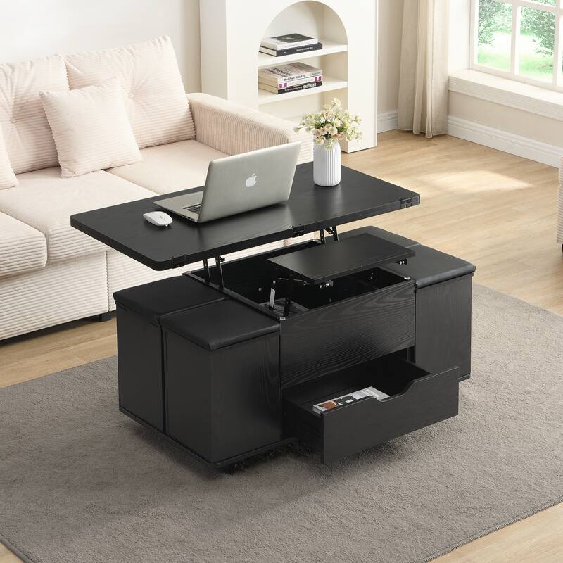Lift-Top Coffee Table with Hidden Storage and Stools,Multi-Function Modern Center Table with 4 Stools and Casters