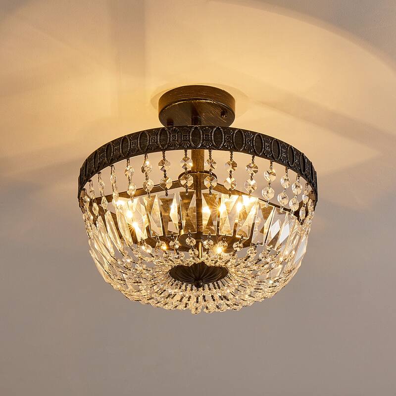 Modern Matte Black 3-Light Crystal Semi Flush Mount Ceiling Light with Bowl Shade - 14.2" W x 12.2" H