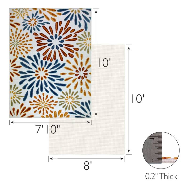 Leick Home Beam Flower Indoor Outdoor Area Rug Rectangle 8'X10' With Non-Slip Rug Pad - 8' x 10'