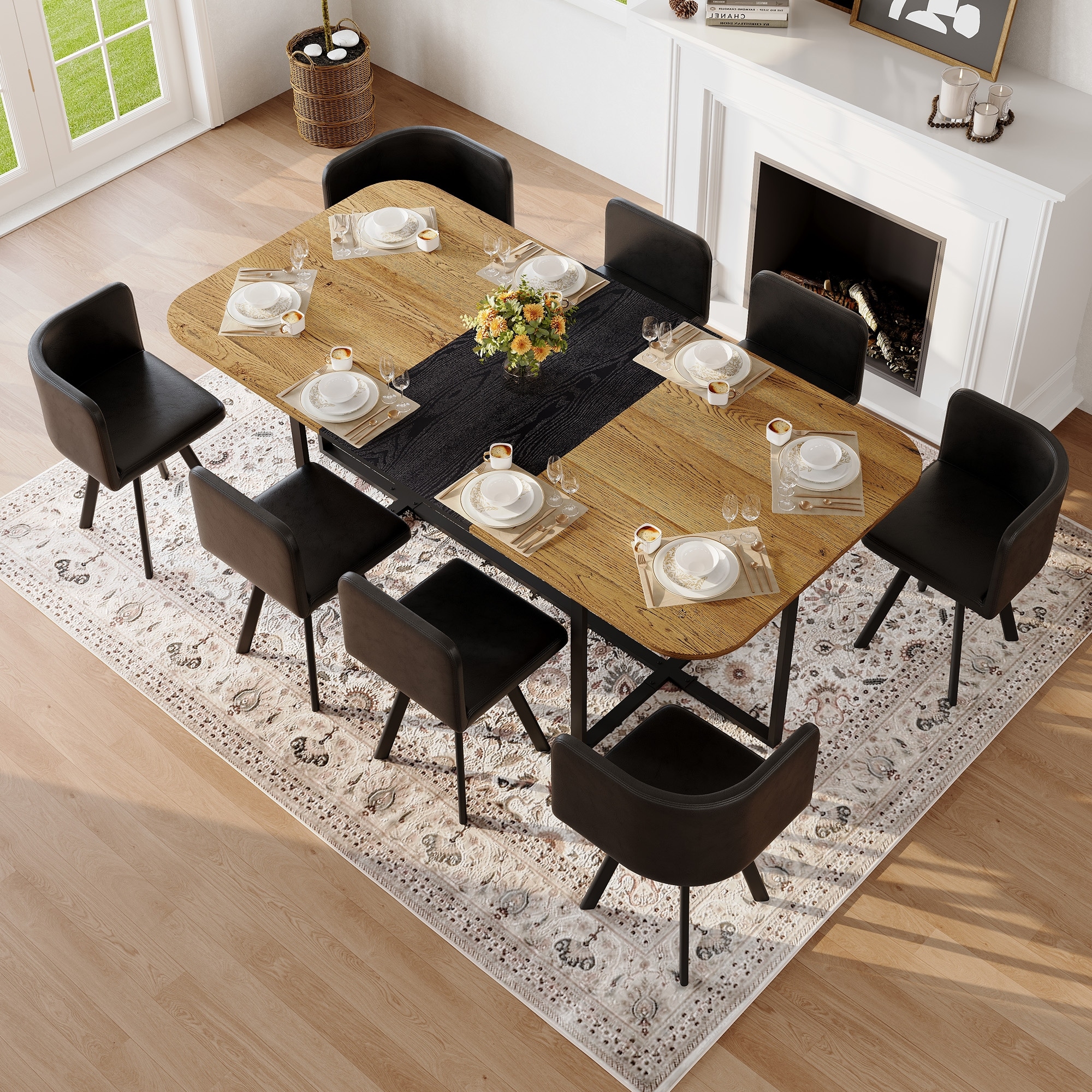 9-Piece Dining Table Set with 8 Black Faux Leather Chairs