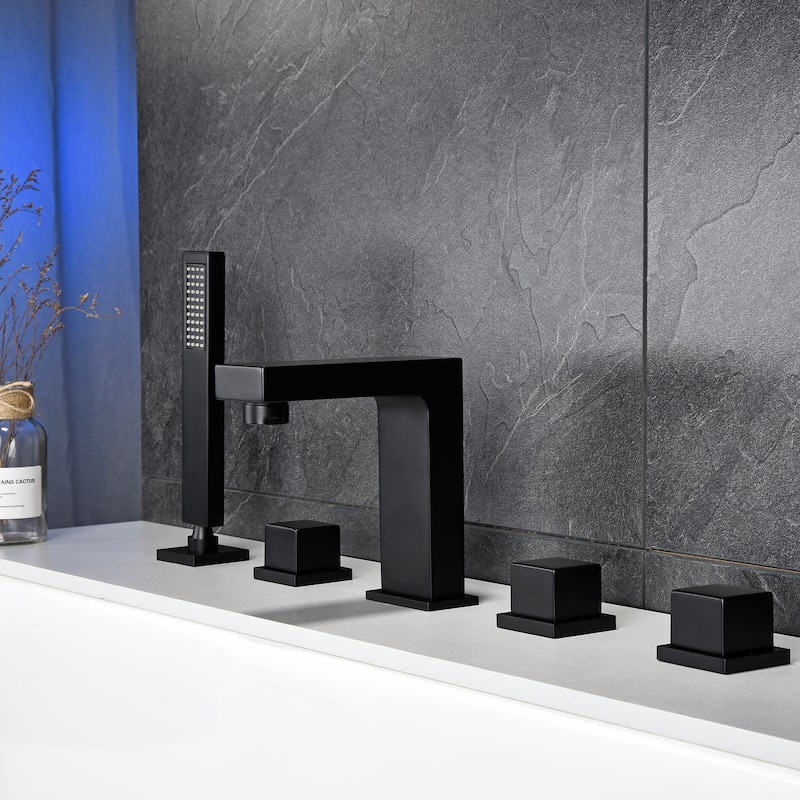 5 Hole Deck Mounted five-piece Bathtub Faucet with Pull-out Handheld Shower Head and Ceramic Valve in Matte Black