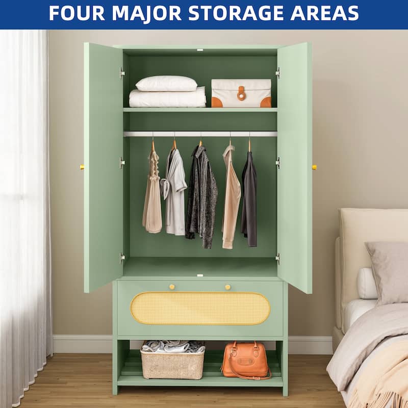 Moasis 70" Rattan Armoire Bedroom Wardrobe with Drawer & Hanging Rod