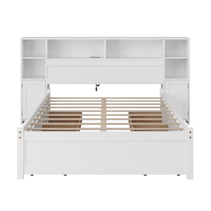 White Wooden Storage Bed with 6 Drawers and Charging Station