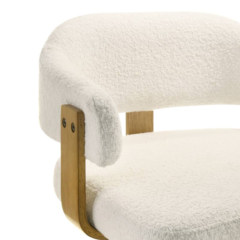 Callah Natural Wood Bar Stool, Counter Height Kitchen Stool in Amber Glow Finish with White Boucle Fabric Upholstered Seat