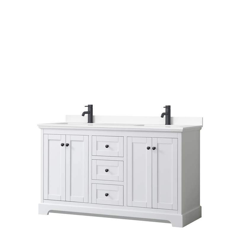Avery 60 Inch Double Vanity, Cultured Marble Top - White, Black Trim, White Cultured Marble Top