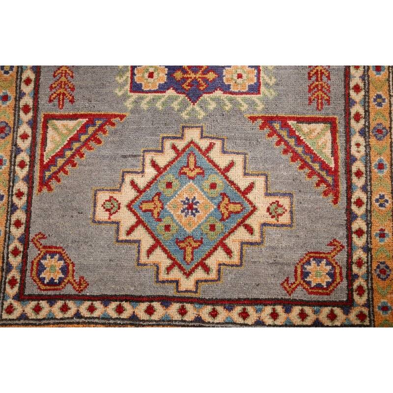 Geometric Grey Kazak Foyer Rug Hand-Knotted Wool Carpet - 3'5" x 4'10"