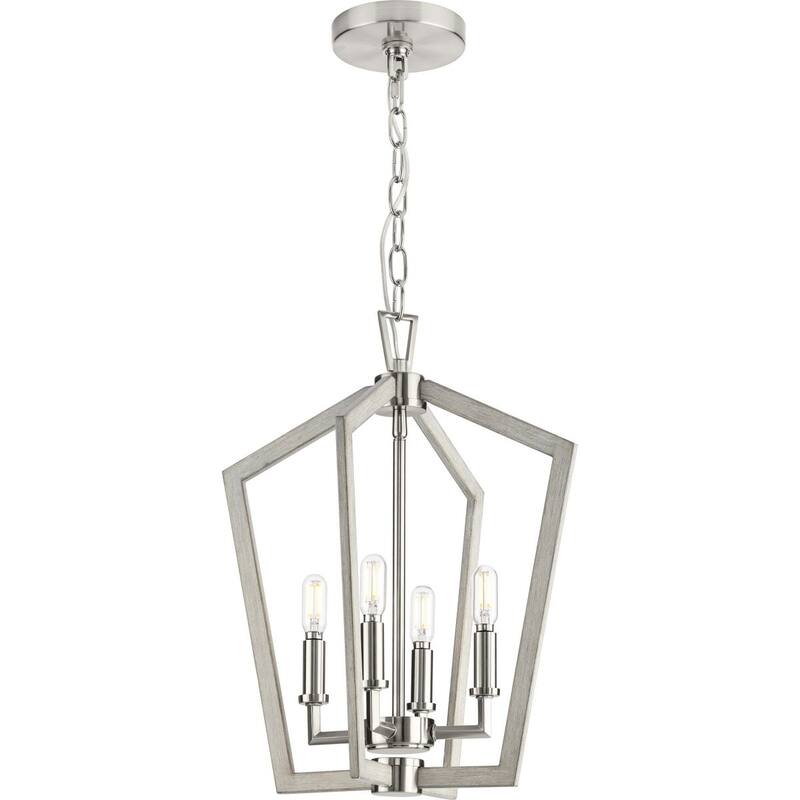 Galloway Collection 4-Light 18 in. Brushed Nickel Modern Farmhouse Foyer Light with Grey Washed Oak Accents - Medium