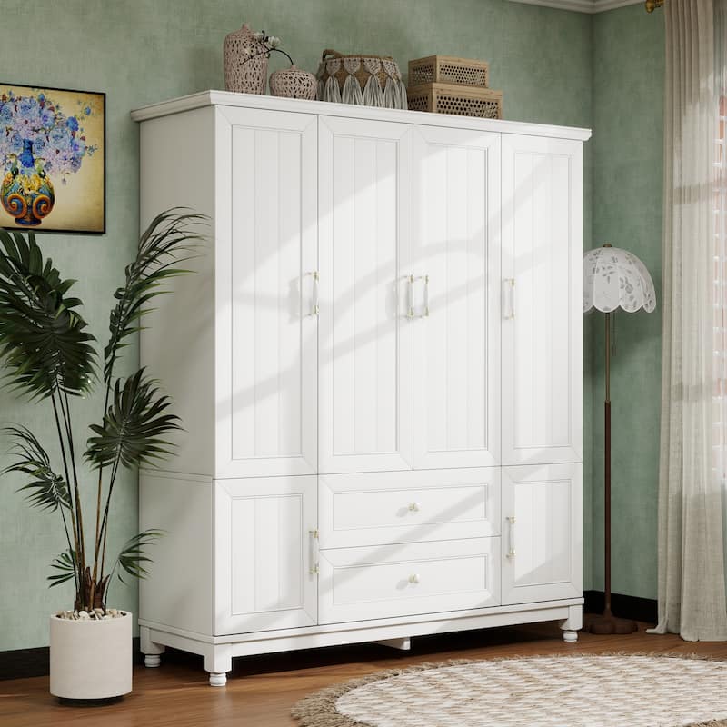 100% Solid Wood Armoire Wardrobe Closet with Drawers & Hanging Rods, Farmhouse Style Wardrobe Closet with 4 Doors, White Walnut