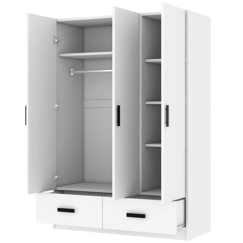 Wooden White Wardrobe Closet, 3 Door Armoire with Hanging Rod, Storage Shelves and 2 Drawers for Bedroom Cloakroom