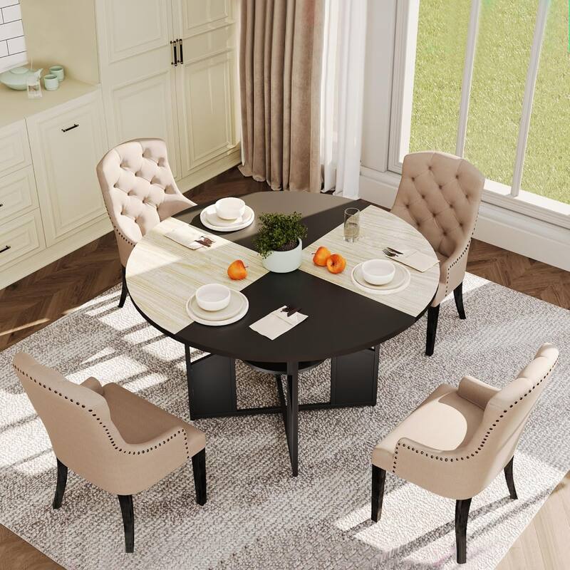 59" Round Dining Table for 4–6, Wood Pedestal Kitchen Table with Adjustable Feet, Farmhouse Style for Dining Room