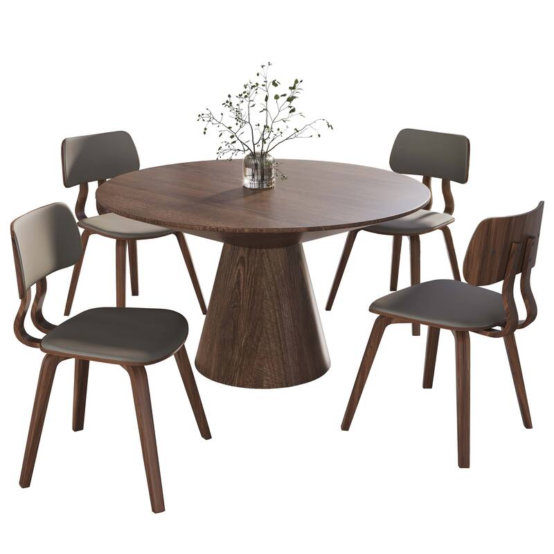 5-Piece Dining Set with 47-Inch Round Walnut Dining Table and 4 Leather Accent Side Chairs - Walnut/Light Grey