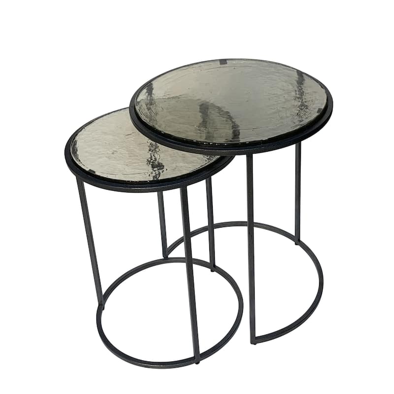 HomeRoots Set of Two Clear and Gunmetal Glass and Iron Round Frame Nested Tables - 18.5 in. x 22 in. x 18.5 in.