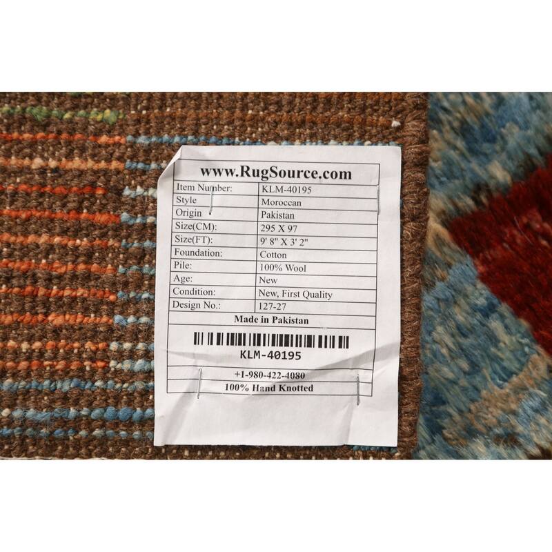 Checkered Moroccan Oriental Runner Rug Handmade Wool Carpet - 3'2" x 9'8"